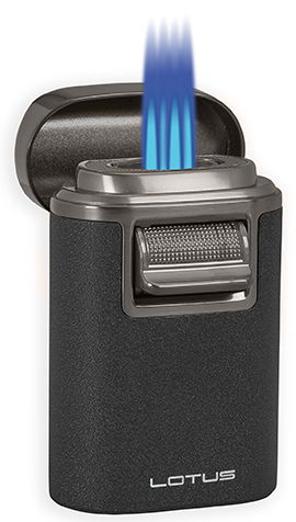 Lotus Brawn Quad Torch Flame Cigar Lighter with Cigar Rest in Crackle Black & Gunmetal Finish