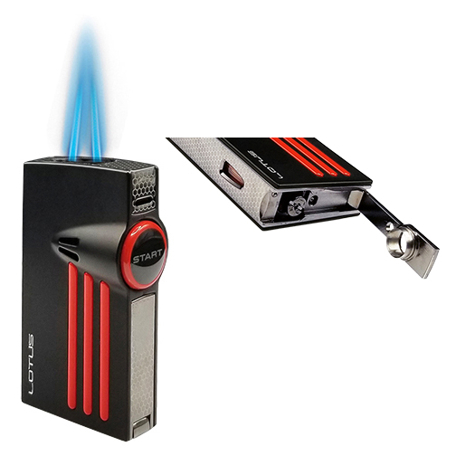 Lotus L52 Orion Cigar Lighter with Twin Flame and Fold-Out Punch Displayed