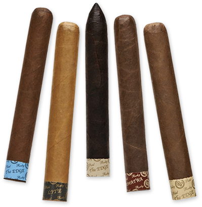 The Edge By Rocky Patel Cigars From Left to Right - Habano, Connecticut (formerly Lite),  Maduro, Corojo, and Sumatra