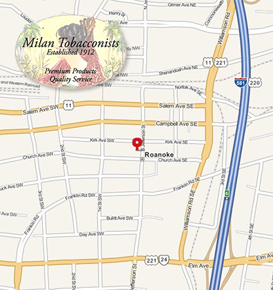 Map Location of Milan Tobacconists in Downtown Roanoke, VA